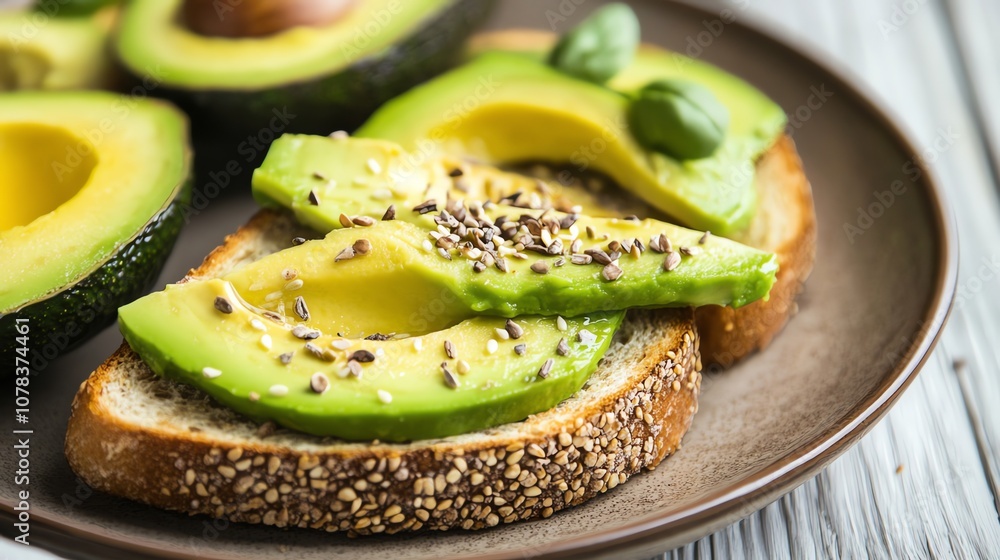 Avocado toast on a plate with a sprinkle of chia seeds on top. Avocado toast on a plate with a sprinkle of chia seeds on top.