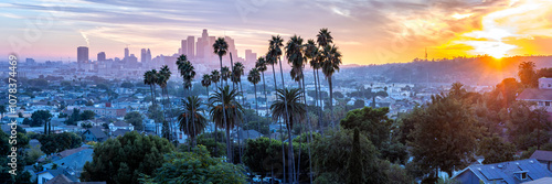 Los Angeles skyline and downtown with palm trees panorama at sunset in California United States