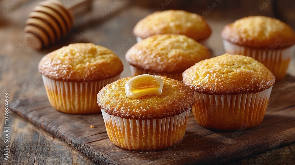 Delicious Cornbread Muffins with Honey Butter in Rustic Setting Delicious Cornbread Muffins with Honey Butter in Rustic Setting