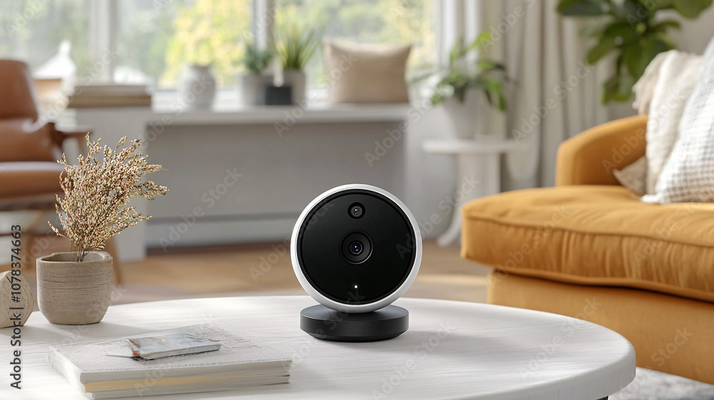 A stylish smart speaker sits on a modern coffee table in a bright living room, surrounded by greenery and a cozy orange couch. A stylish smart speaker sits on a modern coffee table in a bright living room, surrounded by greenery and a cozy orange couch.