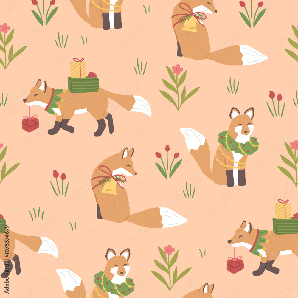 Winter Christmas seamless pattern of fox animal vector illustration Winter Christmas seamless pattern of fox animal vector illustration