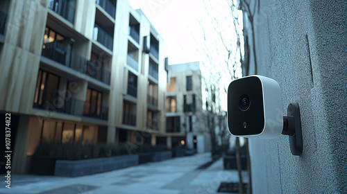The image shows a modern outdoor setting featuring a security camera mounted on a wall, with contemporary apartment buildings in the background.