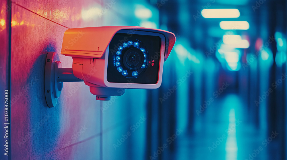 A vibrant security camera monitors a dimly lit corridor, surrounded by cool blue and pink lighting, creating a futuristic atmosphere. A vibrant security camera monitors a dimly lit corridor, surrounded by cool blue and pink lighting, creating a futuristic atmosphere.