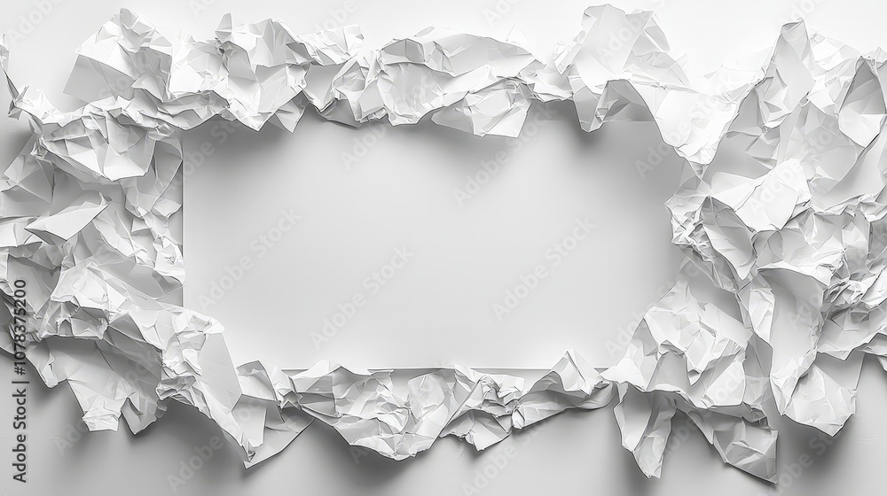 A frame of crumpled white paper surrounding a blank space for creative use. A frame of crumpled white paper surrounding a blank space for creative use.