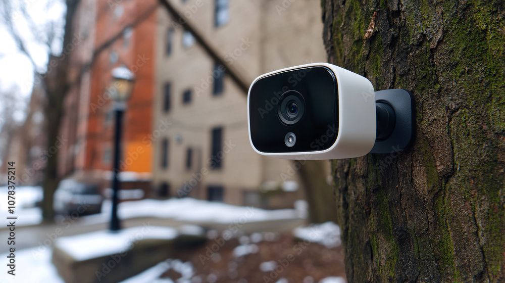 A security camera mounted on a tree in a snowy urban setting, capturing the environment and providing surveillance for nearby areas. A security camera mounted on a tree in a snowy urban setting, capturing the environment and providing surveillance for nearby areas.