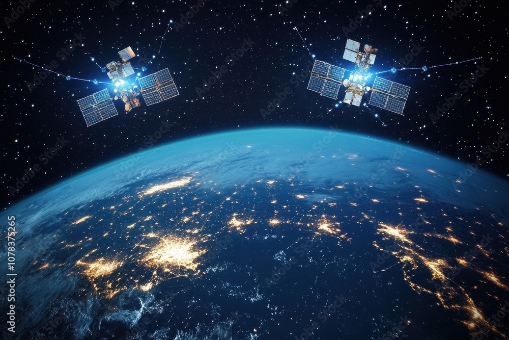 Naklejka premium Dual satellites orbiting Earth at night, capturing glowing city lights below