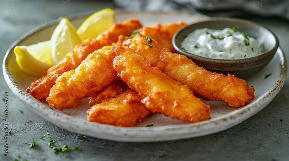 Crispy Fish Fingers with Tartar Sauce and Lemon Wedges on Rustic Plate Crispy Fish Fingers with Tartar Sauce and Lemon Wedges on Rustic Plate