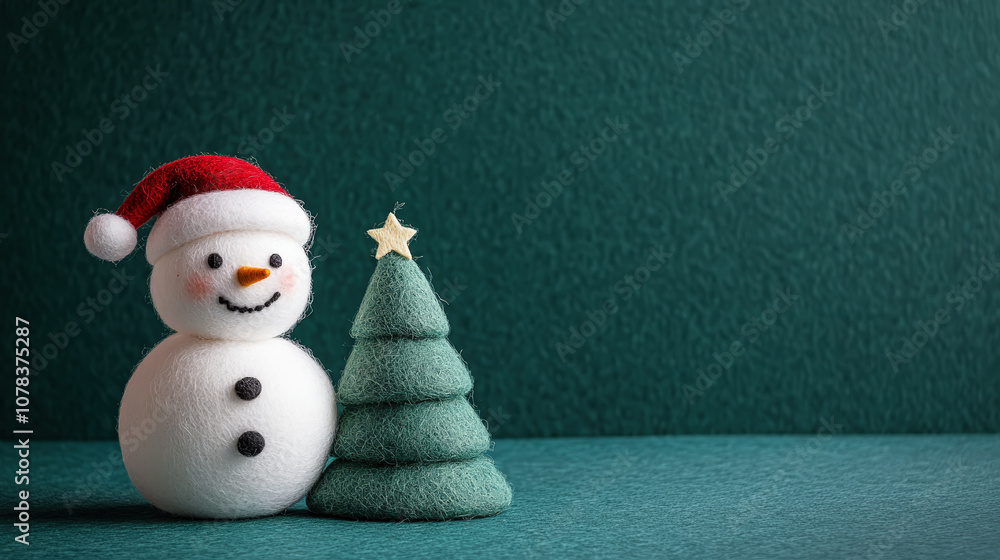 Aesthetic cute snowman and christmas tree made of felted wool, greeting card, copy space. Generative AI Aesthetic cute snowman and christmas tree made of felted wool, greeting card, copy space. Generative AI