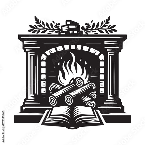 Cozy Fireplace with Burning Logs: A Warm and Inviting Scene. This black and white illustration features a brick fireplace with a roaring fire.