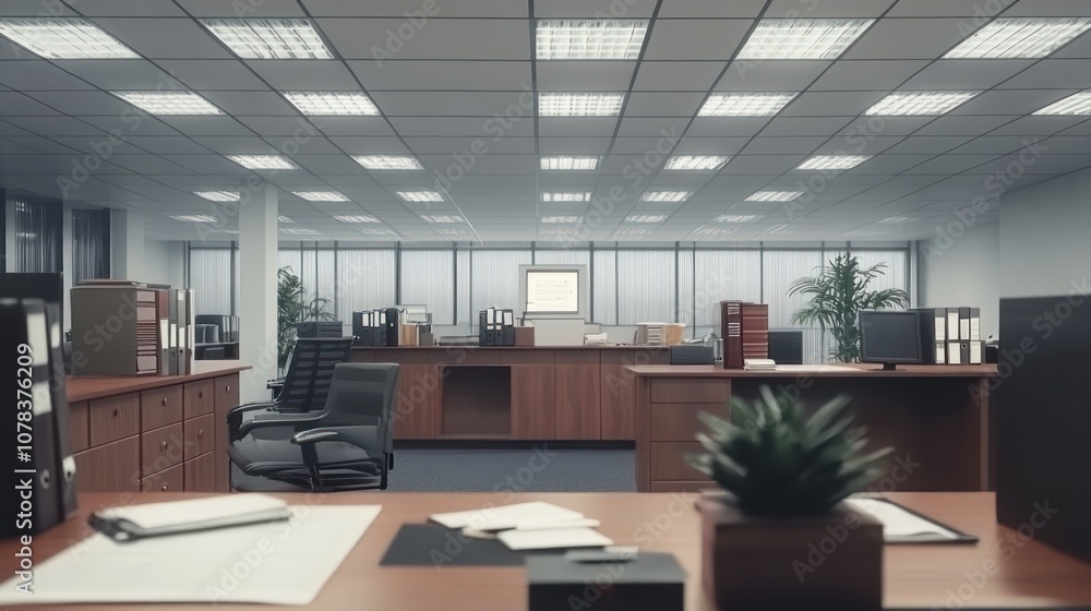 Modern office interior with desks, chairs, and plants, designed for productivity. Modern office interior with desks, chairs, and plants, designed for productivity.