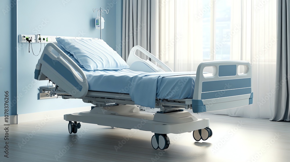 A hospital room with a bed and a window. A hospital room with a bed and a window.