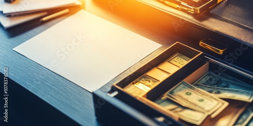 A workspace with cash and documents, suggesting financial activities or transactions.