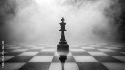 A Solemn Chess King Standing on a Foggy Checkered Board: A Symbol of Strategy and Power in a Mystical Atmosphere