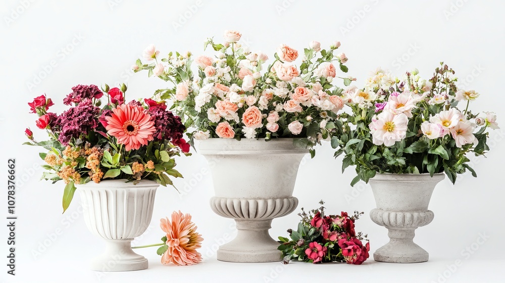 Antique Roman-Style White Concrete Flower Pot with Bouquets of Various Flowers Isolated on White Background Antique Roman-Style White Concrete Flower Pot with Bouquets of Various Flowers Isolated on White Background