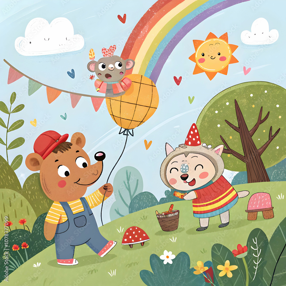 Naklejka premium A playful cartoon-style illustration bursting with vibrant colors and imaginative characters.