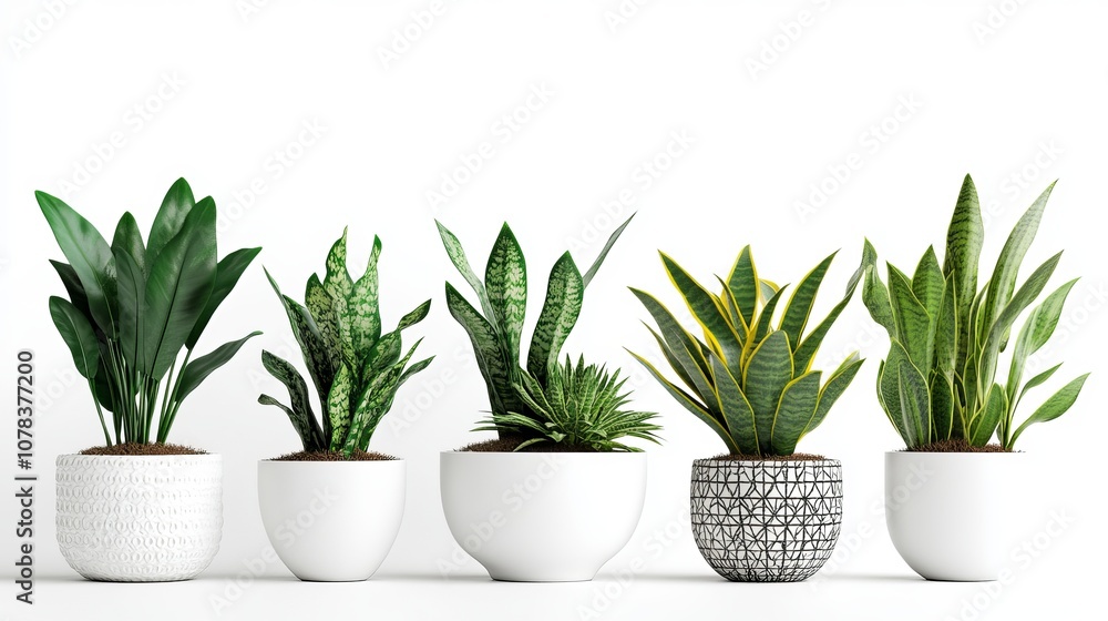 Variety of Indoor Plants in White Ceramic Pots: Ficus Lyrata, Sansevieria, Pachira, ZZ Plant on White Background Variety of Indoor Plants in White Ceramic Pots: Ficus Lyrata, Sansevieria, Pachira, ZZ Plant on White Background