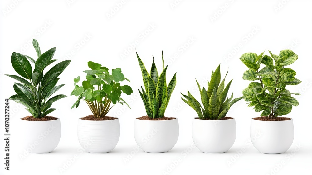 Variety of Indoor Plants in White Ceramic Pots: Ficus Lyrata, Sansevieria, Pachira, ZZ Plant on White Background Variety of Indoor Plants in White Ceramic Pots: Ficus Lyrata, Sansevieria, Pachira, ZZ Plant on White Background