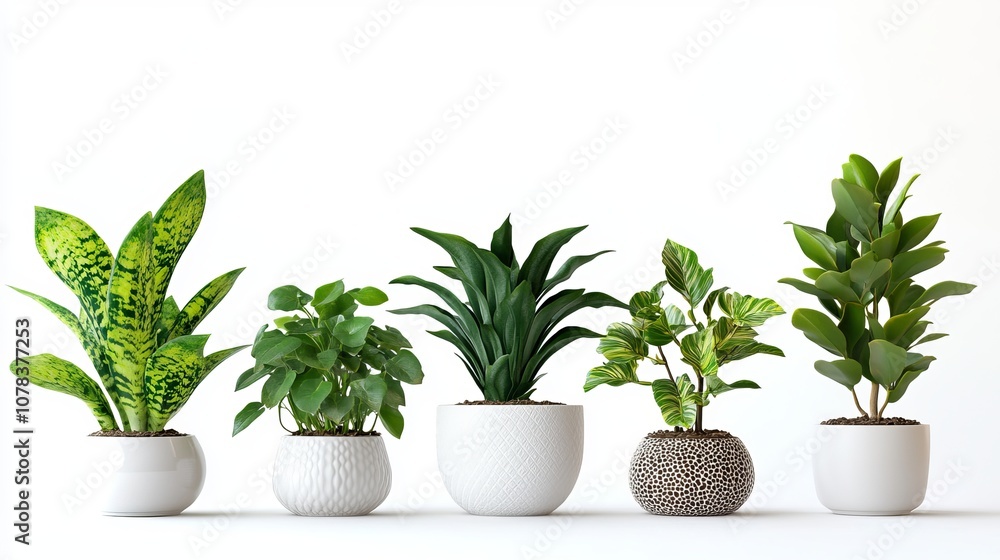 Variety of Indoor Plants in White Ceramic Pots: Ficus Lyrata, Sansevieria, Pachira, ZZ Plant on White Background Variety of Indoor Plants in White Ceramic Pots: Ficus Lyrata, Sansevieria, Pachira, ZZ Plant on White Background