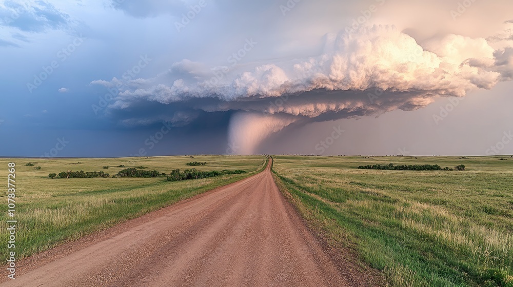 Majestic Thunderstorm Approaching Over Open Fields with Dirt Road Leading Towards Dark Clouds in a Dramatic Sky and Glowing Sunset Background