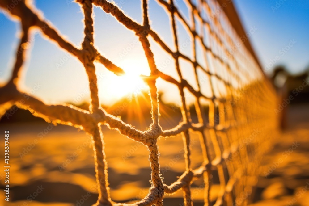 Close-up of a volleyball net with the sun setting in the background. Close-up of a volleyball net with the sun setting in the background.