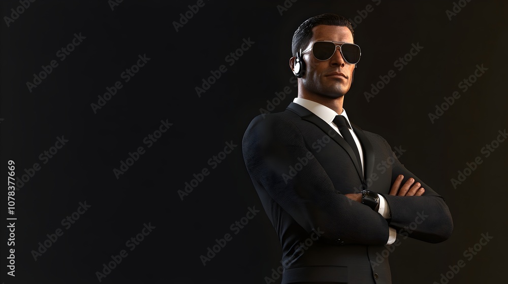 Confident Male Bodyguard Sunglasses Black Suit Professional Stance Security Protection Confident Male Bodyguard Sunglasses Black Suit Professional Stance Security Protection