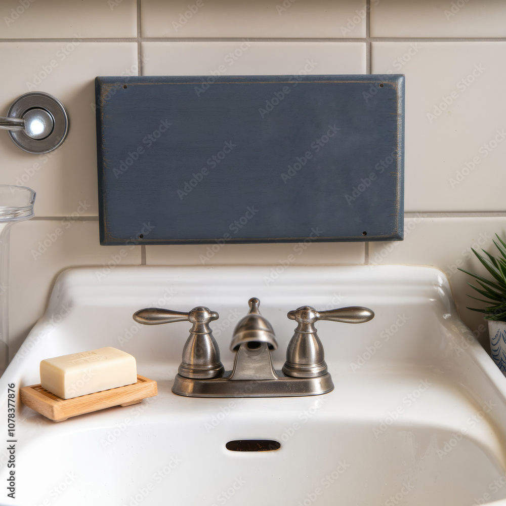 Fototapeta premium Modern sink setup with subway tile backsplash. Modern home interior photography with a bathroom setting and empty text space for advertising and marketing.