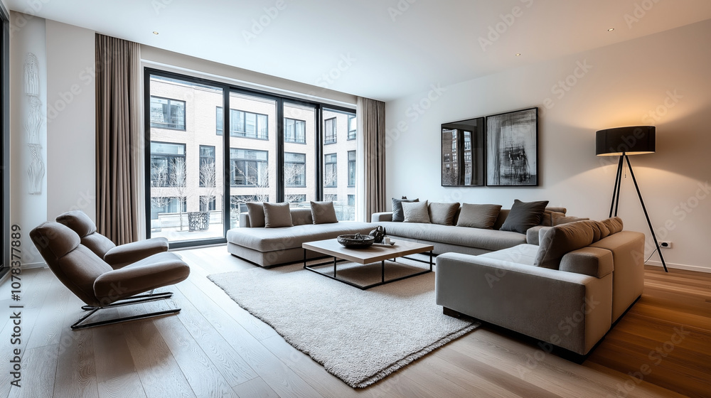 Modern minimalistic living room with large gray sectional sofa, sleek armchairs, floor lamp, and coffee table, featuring large windows with urban view. Modern minimalistic living room with large gray sectional sofa, sleek armchairs, floor lamp, and coffee table, featuring large windows with urban view.