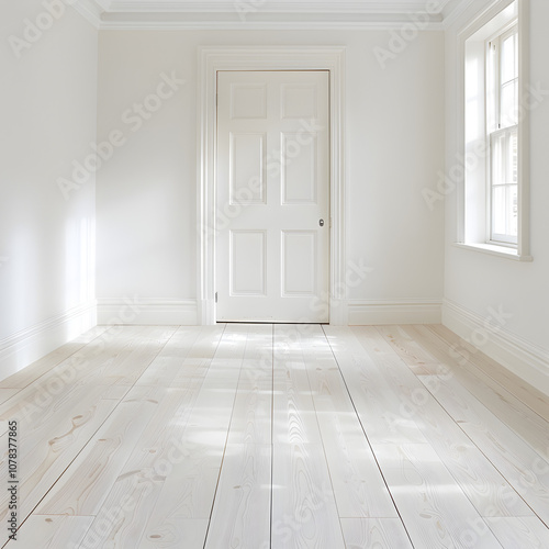 Door frame with door in the middle of an all white empty room white. 3D render.
