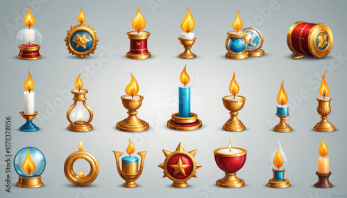 A collection of 20 different candle designs with various colors and bases