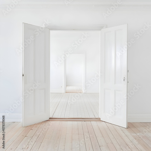 Wallpaper Mural Door frame with door in the middle of an all white empty room white. 3D render. Torontodigital.ca