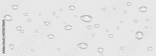 Rain water drops falling on transparent background. Wet, clear surface with bubbles on the surface. Realistic clear water, water drops for creative banner design