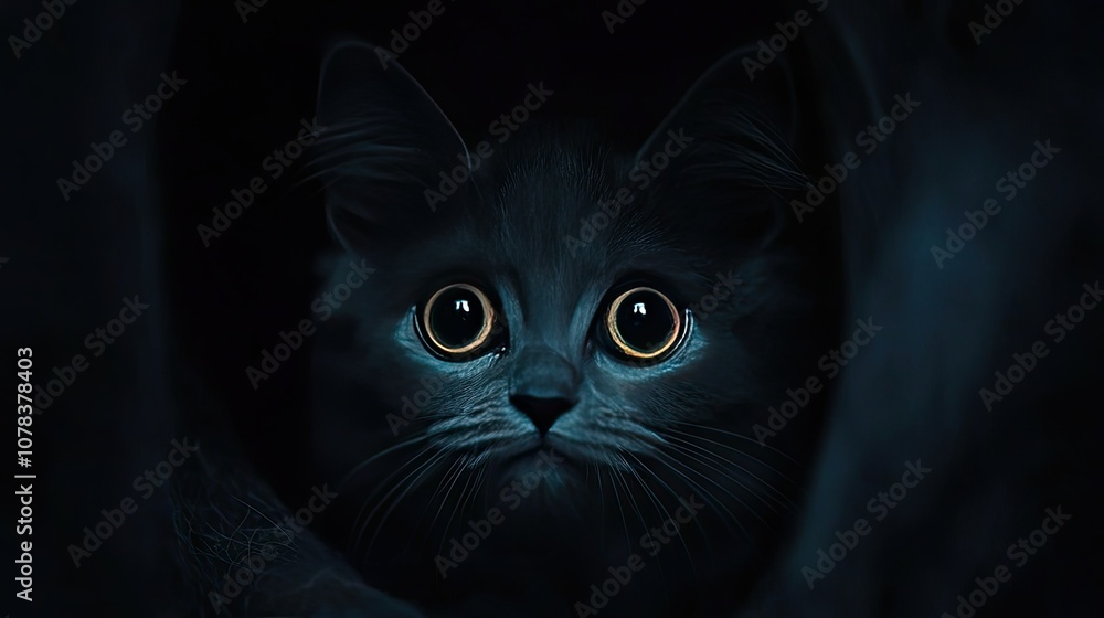 Dark backdrop with a cat's luminous, wide eyes peeking out, showing alertness and intrigue. Dark backdrop with a cat's luminous, wide eyes peeking out, showing alertness and intrigue.