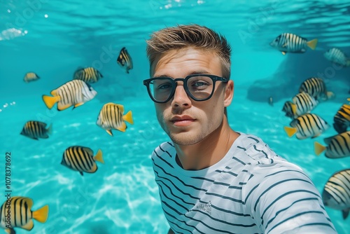 Young man wearing glasses posing in crystal-clear turquoise water with vibrant tropical fish, creating an underwater adventure vibe photo