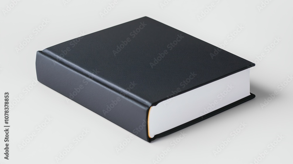 A closed hardcover book with a black cover and white pages. A closed hardcover book with a black cover and white pages.