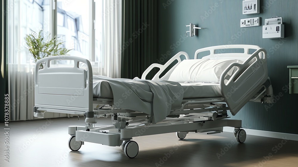 An empty hospital bed in a room with a window and curtains. An empty hospital bed in a room with a window and curtains.