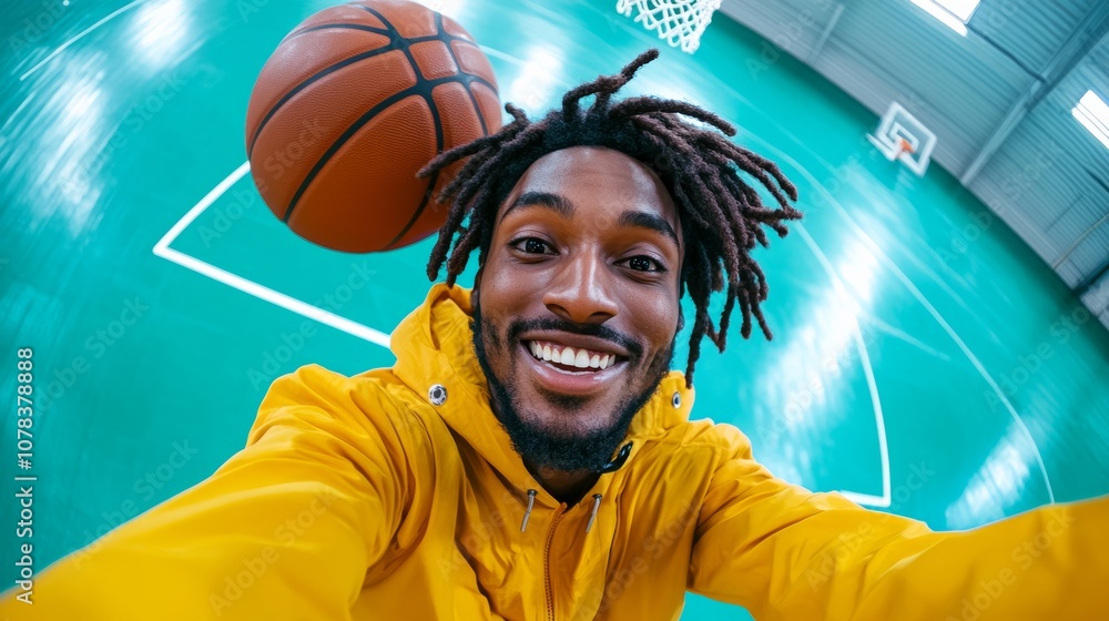 Man with dreadlocks is smiling and holding a basketball. The image has a fun and lighthearted mood, as the man is posing with the basketball and he is enjoying himself