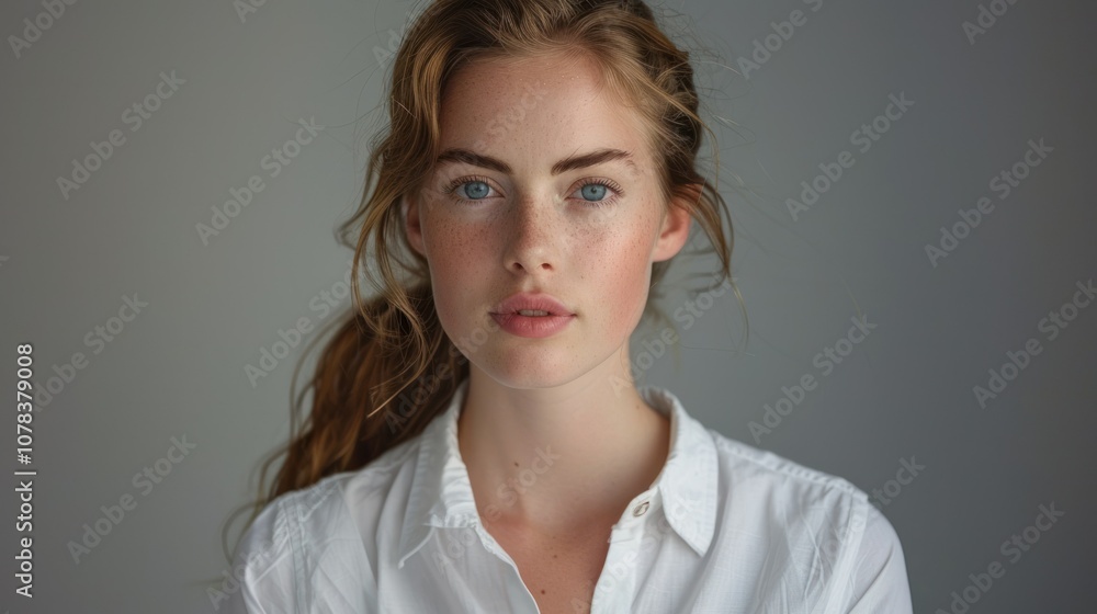 Beautiful woman wearing white shirt with blue eyes on gray background. Beautiful woman wearing white shirt with blue eyes on gray background.
