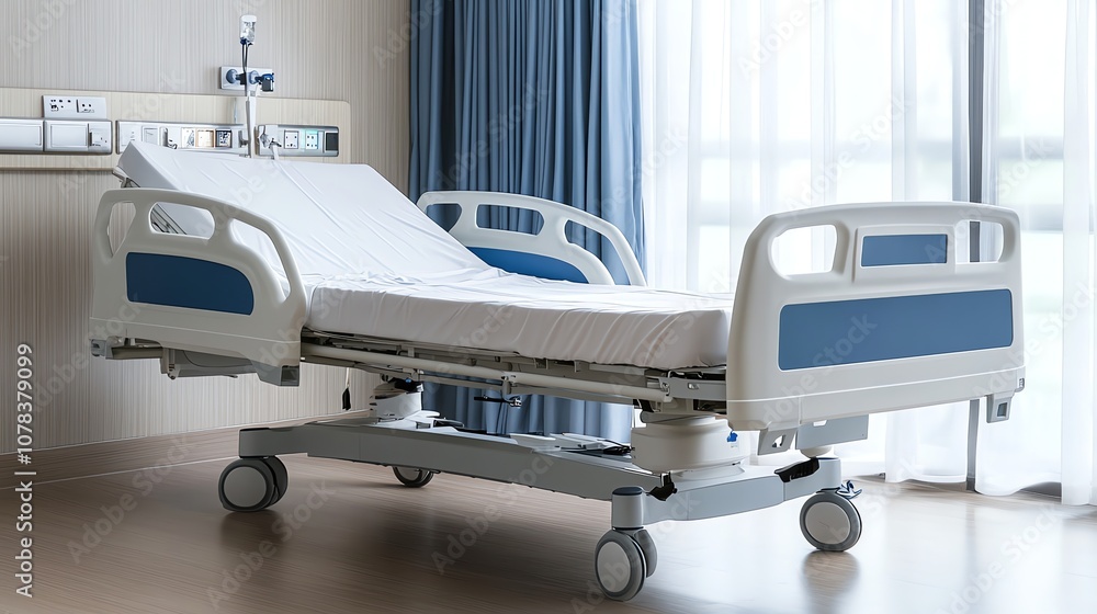 An empty hospital bed with white sheets is positioned in a room with a window. An empty hospital bed with white sheets is positioned in a room with a window.