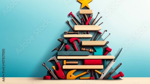 Christmas tree made out of tools and hardware. The tree is made of various tools such as hammers, screwdrivers, and wrenches. Concept of creativity and resourcefulness