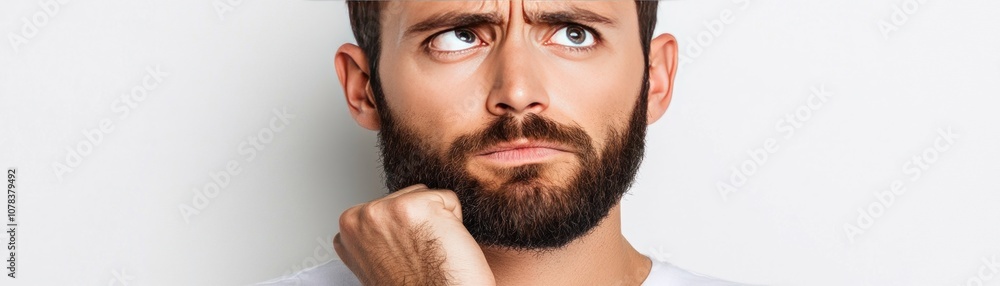 Fototapeta premium A man with a thoughtful expression, pondering a question or decision.