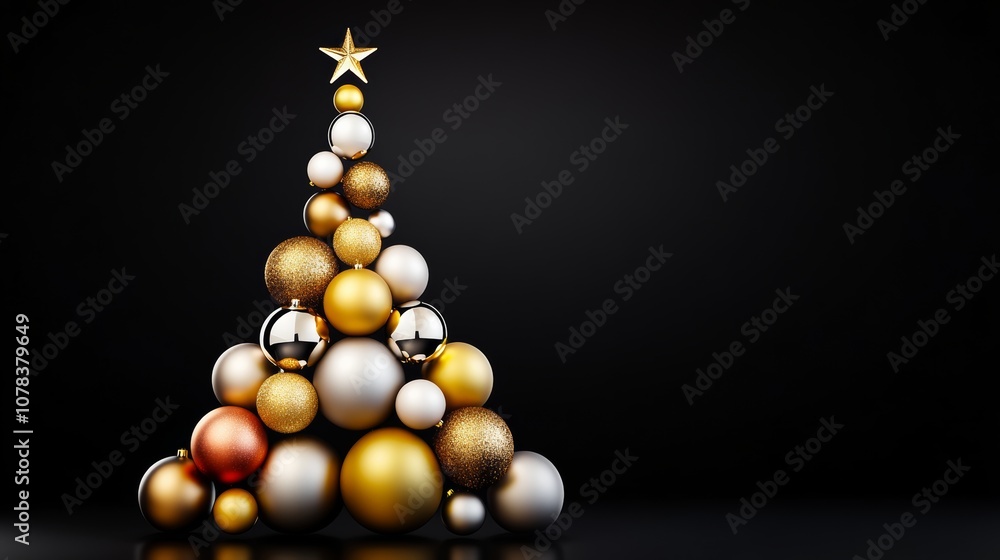 Fototapeta premium Christmas tree made of many different colored balls. The tree is tall and has a star on top