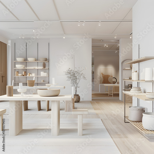 Contemporary concept store combining modern design with sustainable elements: neutral tones like white, light grey, and soft. 3D render. photo