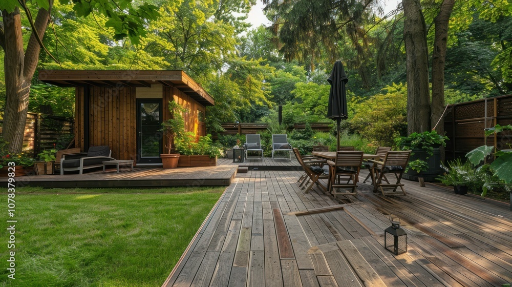Backyard with wooden deck and large green garden. Backyard with wooden deck and large green garden.