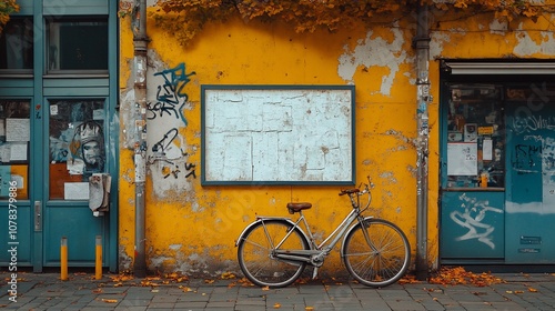 A silver bicycle parked against a yellow wall with a blank billboard in the background. photo