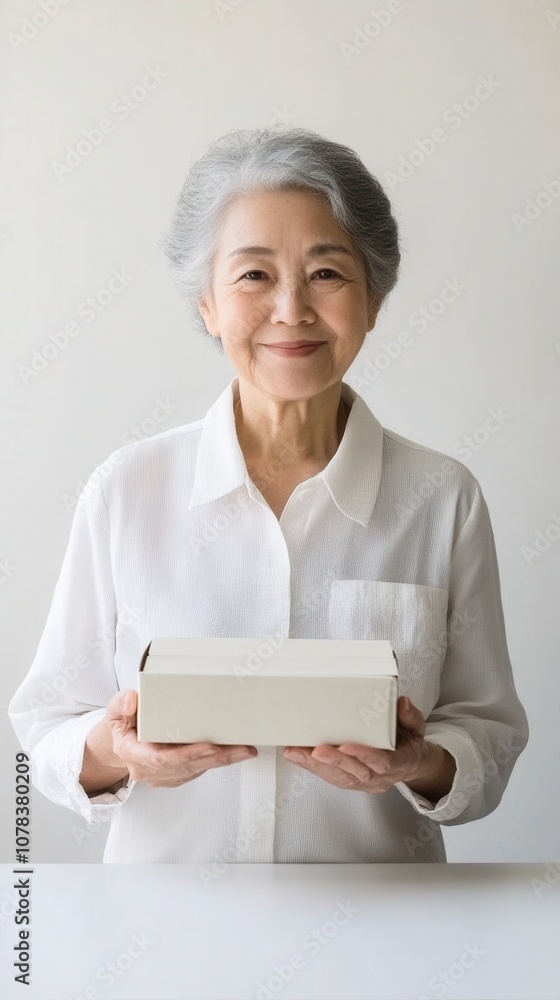 An elderly Asian woman showcases a food box mockup on a white tabletop in soft lighting An elderly Asian woman showcases a food box mockup on a white tabletop in soft lighting