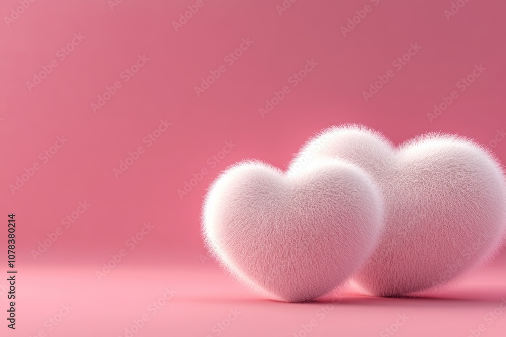 Fototapeta premium Two fuzzy pink hearts are sitting on a pink background. The fuzzy texture of the hearts gives them a soft and cuddly appearance, which conveys a sense of warmth and affection