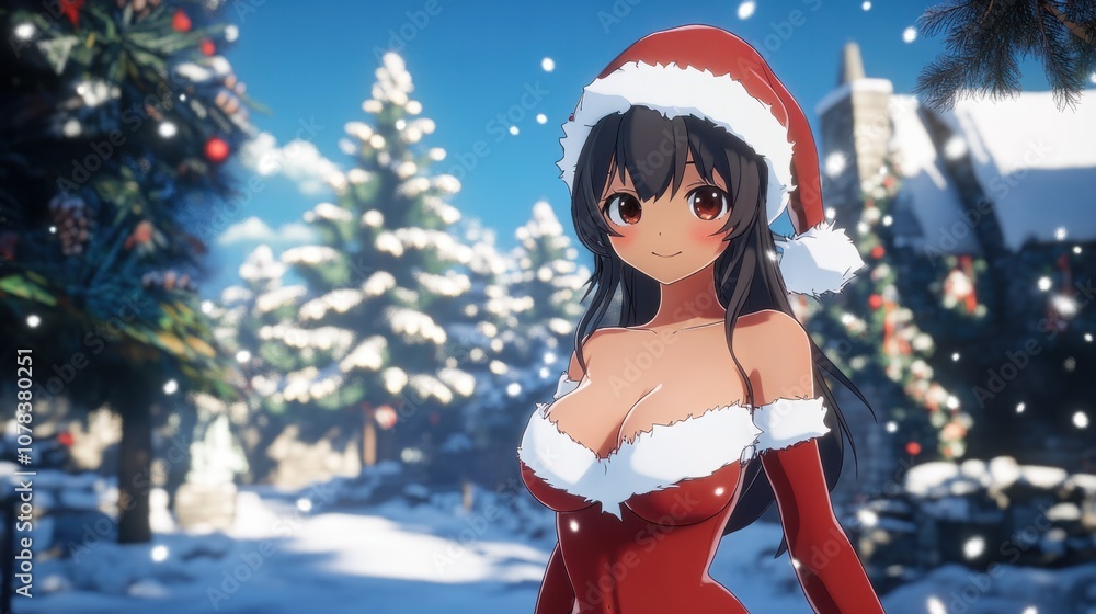 Anime girl in festive red and white Christmas outfit, with Santa hat and winter wonderland setting Anime girl in festive red and white Christmas outfit, with Santa hat and winter wonderland setting