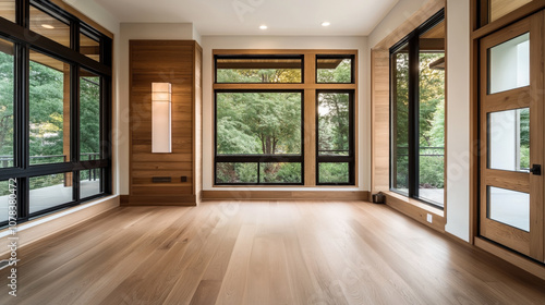 Modern interior with large floor-to-ceiling windows overlooking lush greenery, featuring wooden floors and wall paneling with a contemporary light fixture.