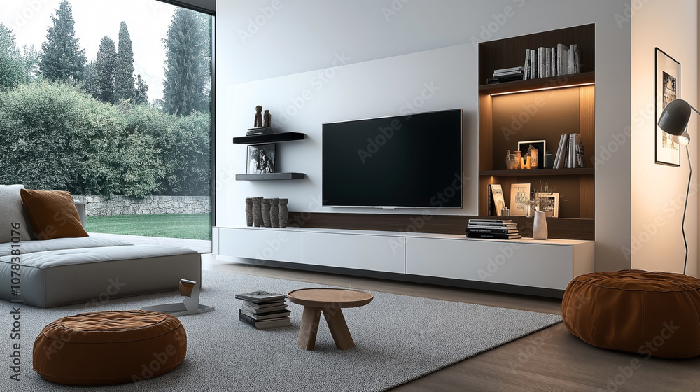 Φωτογραφία Modern living room interior with large window, stylish furniture, cushions, bookshelf, decorative vases, wall-mounted TV, and cozy lighting against a backdrop of lush greenery outside