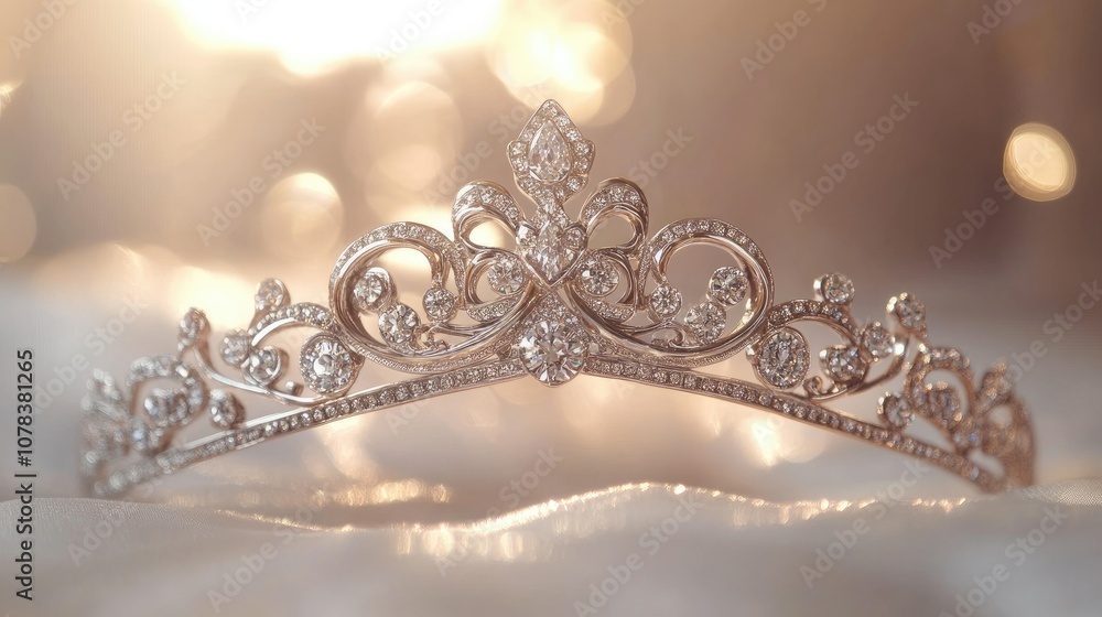 Diamond-studded silver tiara with detailed scrollwork, isolated on a light background, exuding luxury. Diamond-studded silver tiara with detailed scrollwork, isolated on a light background, exuding luxury.